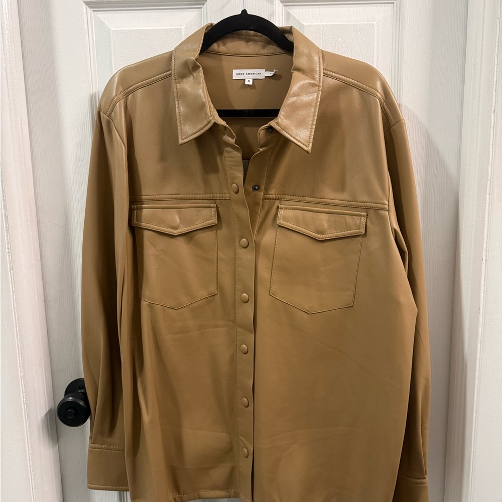Good American Tan Faux-Leather Button-Front Shirt